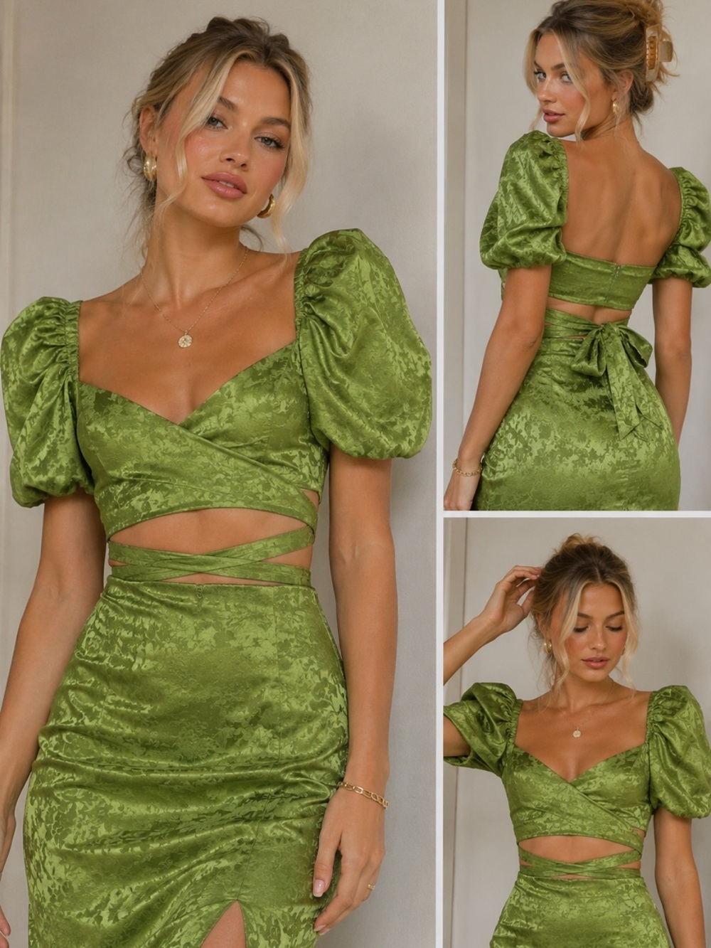 Ronny Kobo Zano Green Satin Criss-Cross Crop Top Size Medium 39007